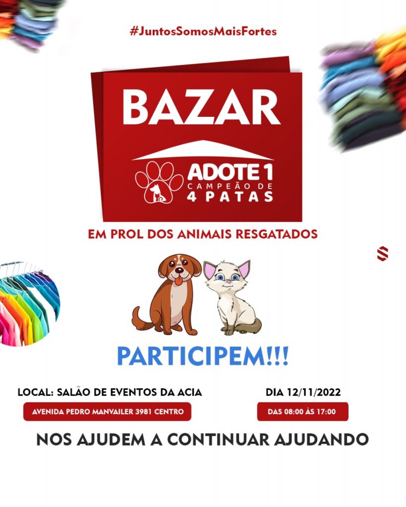 ONG Adote 1 Campeão de 4 Patas realizará bazar em prol de animais resgatados