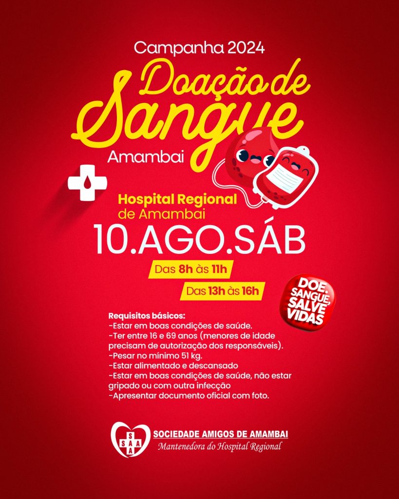 Campanha de Doação de Sangue acontece neste sábado (10) em Amambai